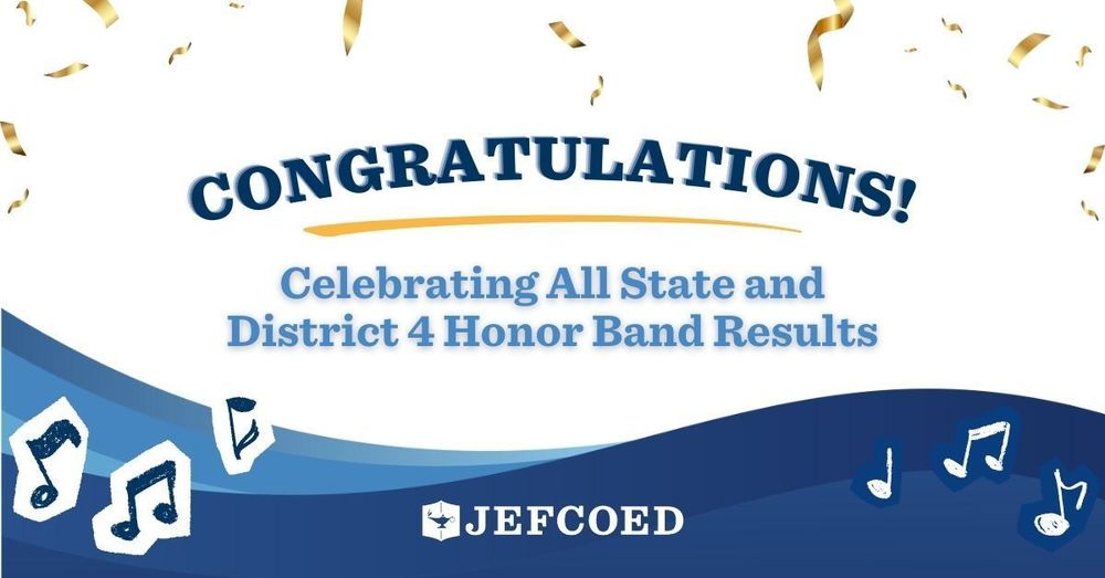 Image is a graphic with text that says "Congratulations! Celebrating All State and District 4 Honor Band Results"