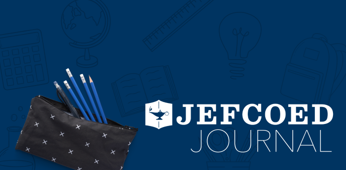 Image is a graphic with text and a photo of a pencil pouch over a blue background with cartoon school supplies on it. The text is the JEFCOED logo with the word "Journal" under it.