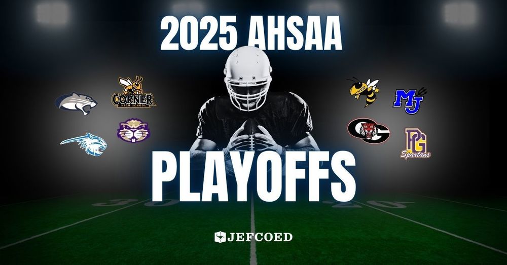 Image is a graphic with text and logos, along with an image of a football player over a football field background. Surrounding the football player are logos of Clay-Chalkville, Corner, Fultondale, Hueytown, McAdory, Mortimer Jordan, Oak Grove and Pleasant Grove school logos. Text around the football player says "2025 AHSAA Playoffs" above the JEFCOED logo.