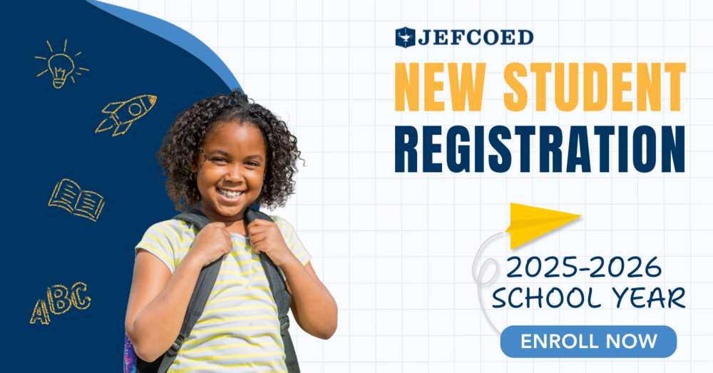 JEFCOED New Student Registration for the 2025-2026 School Year. Enroll now. Girl wearing backpack.