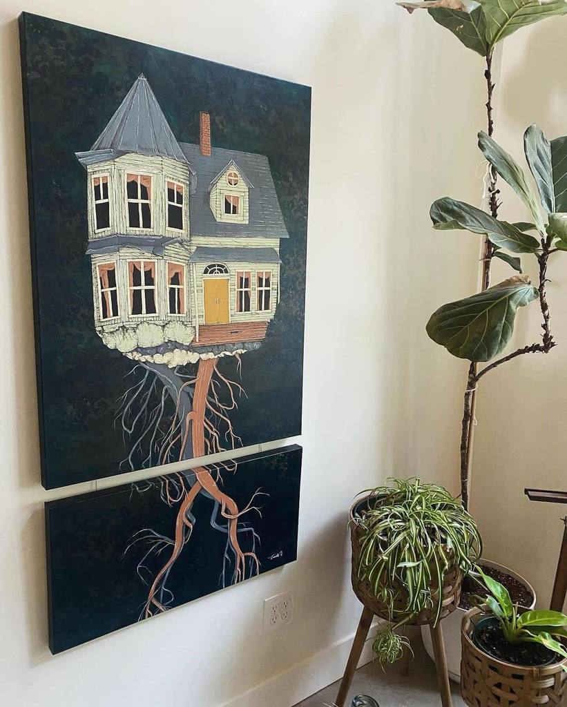 Painting of a two story house with two large veins running underneath it .