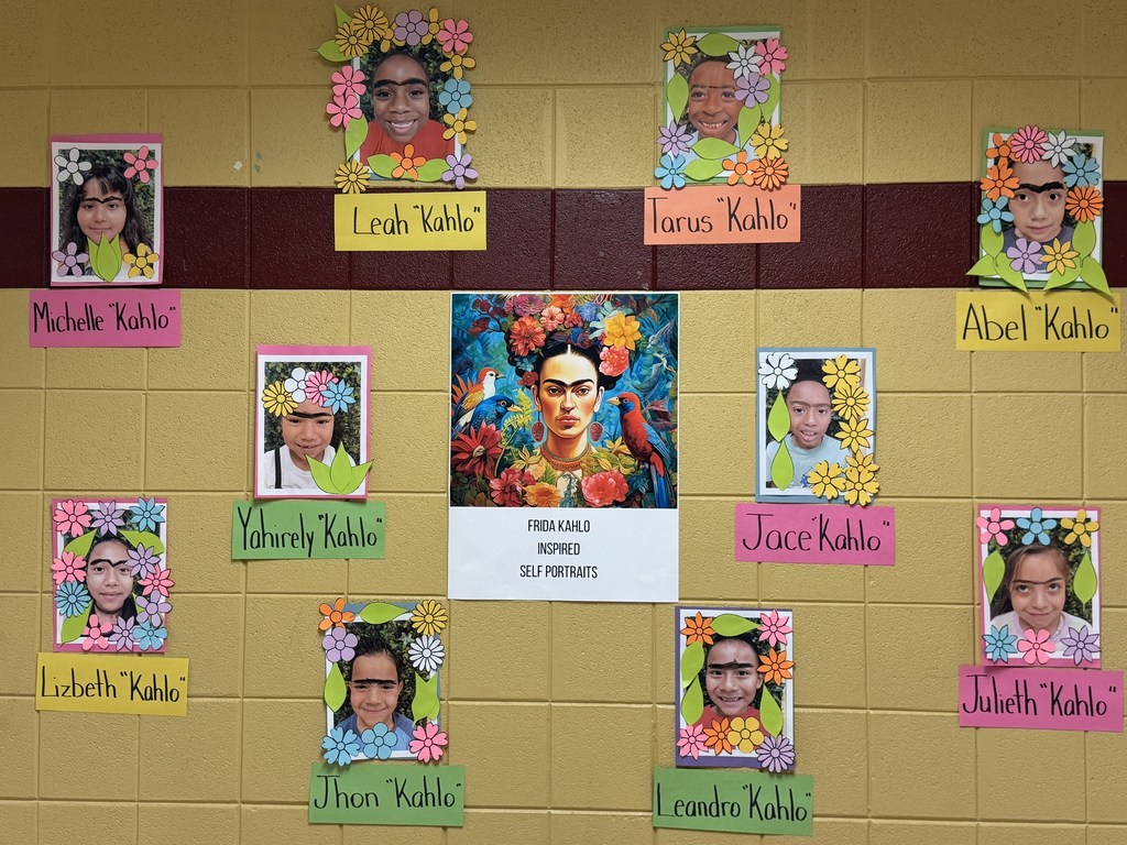 Student art. Pictures of students with drawn on unibrows giving honor to Frida Kahlo.