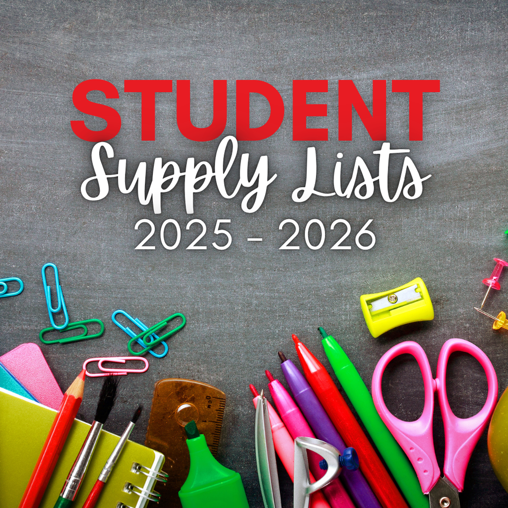 Chalkboard background with assorted school supplies and text that reads: " Student Supply Lists 2025-2026"