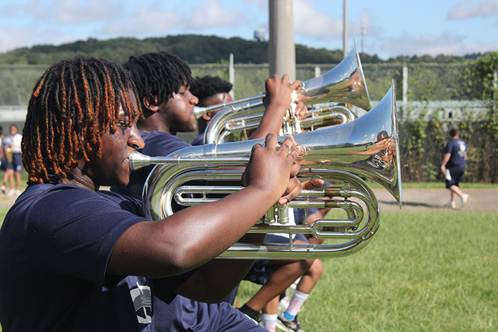 Two baritone players are practicing during summer band camp at Clay-Chalkville High School.