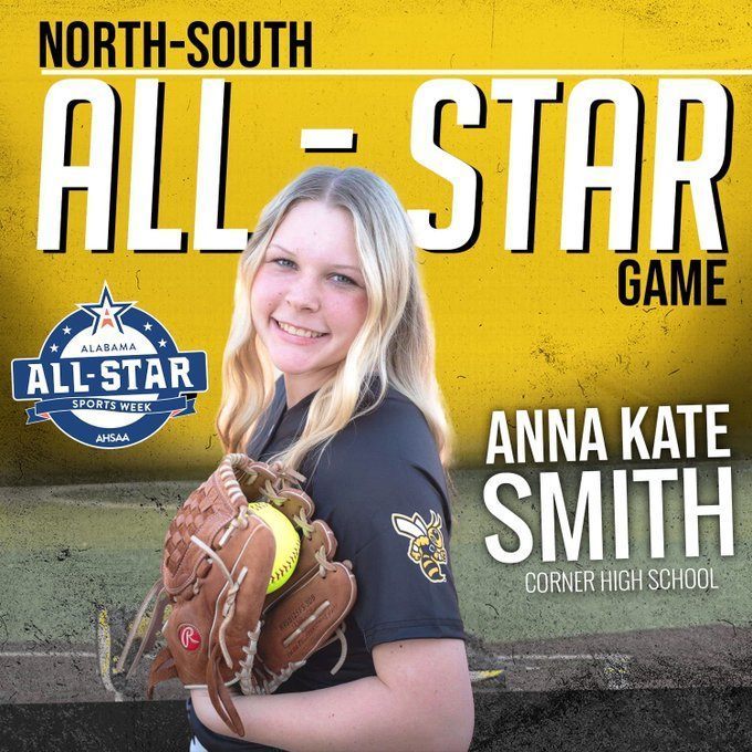 Photo of girl wearing a softball glove, holding a softball. Text around the photo reads "North-South All-Star Game Anna Kate Smith Corner High School"