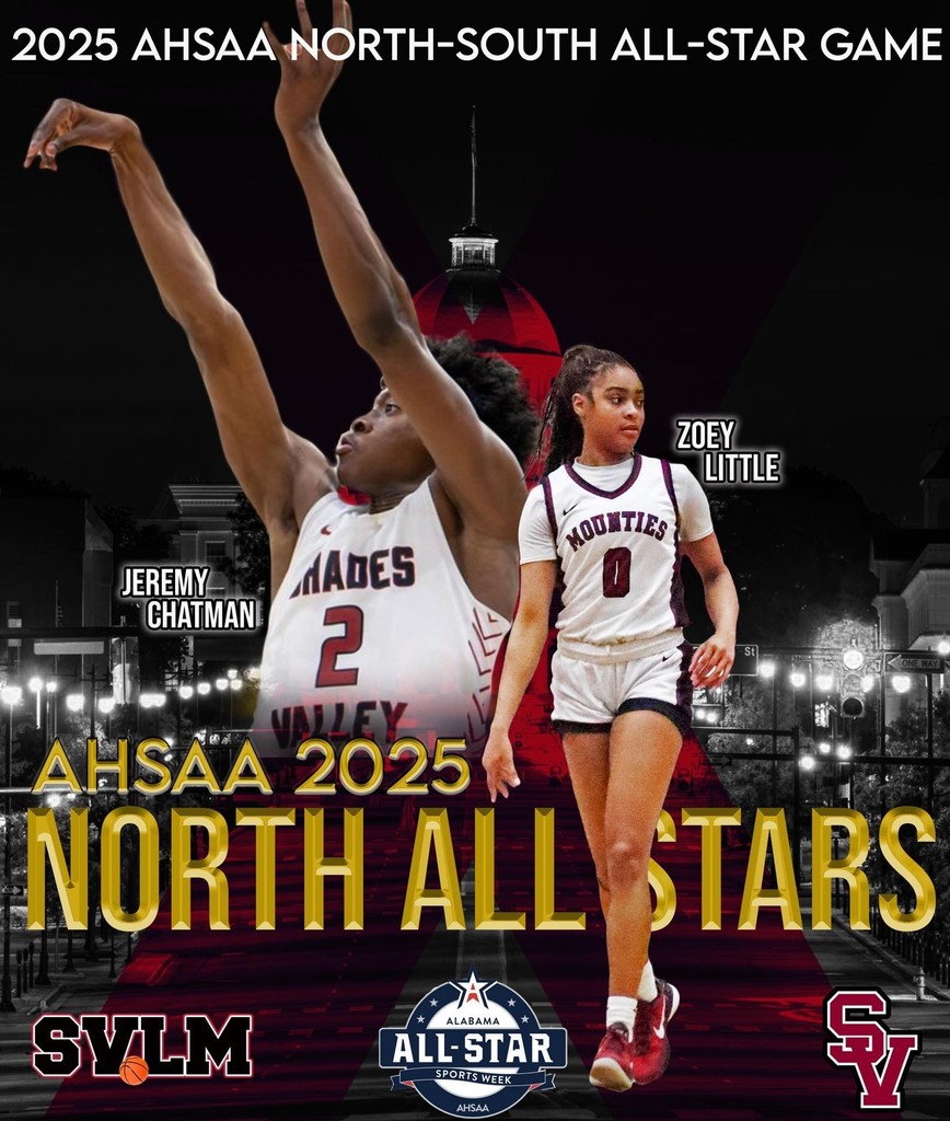 Graphic has photos of two basketball players. Text around players reads "2025 AHSAA North-South All-Star Game AHSAA 2025 North All Stars SVLM Alabama All-Star Sports Week AHSAA SV"
