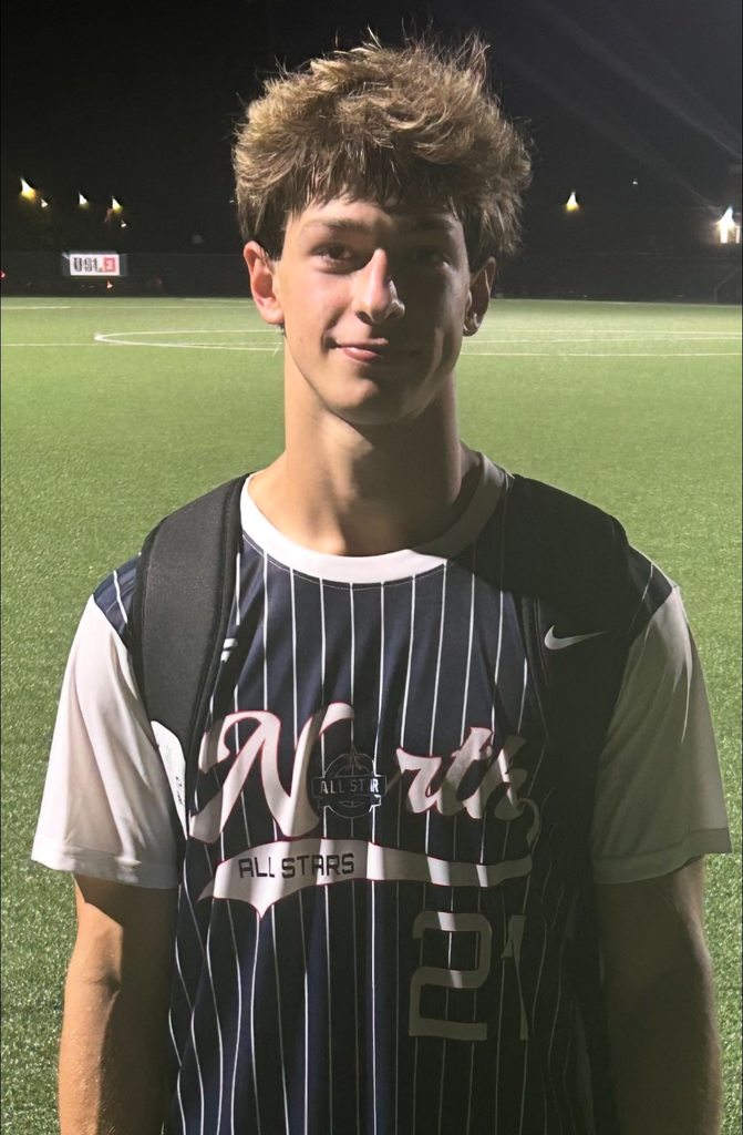 Photo of a boy wearing a soccer jersey, standing on a soccer field.