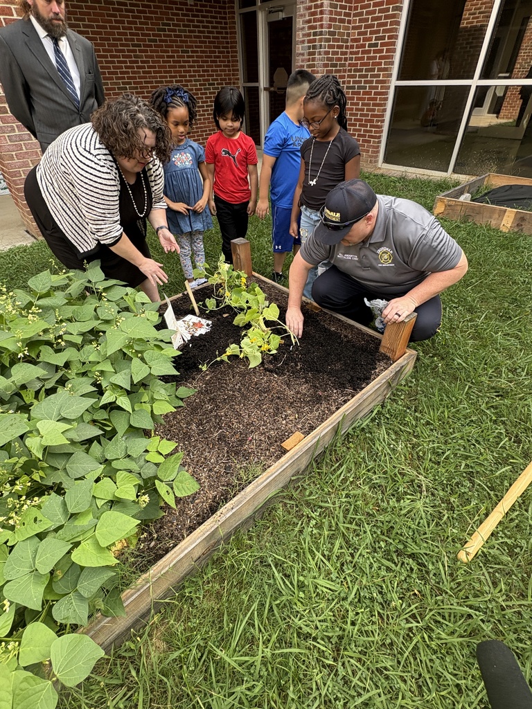 Adults and children plant seeds in a garden bed outside a school