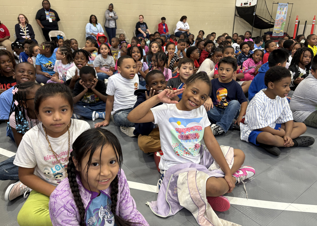 Elementary students at a pep rally. 