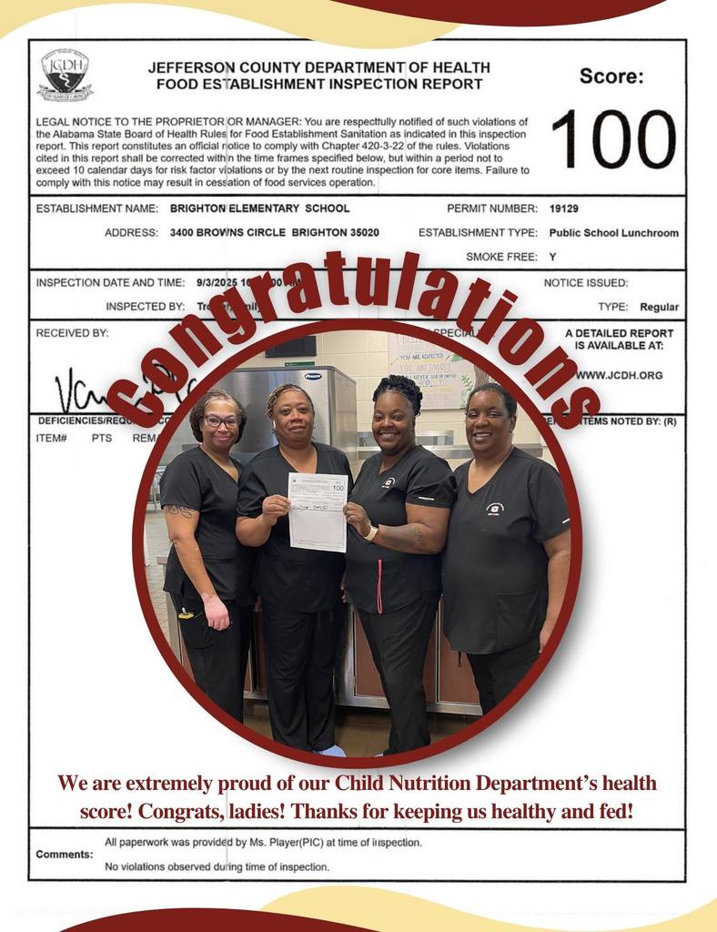 health score report with ascore of 100. Four lunchroom workers holding a score report.