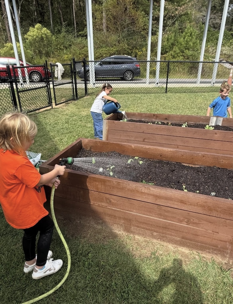Students water plants in a garden outside Grantswood Community School.