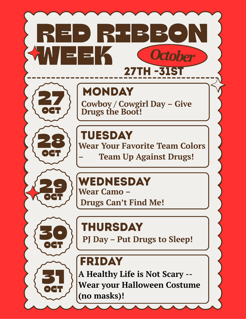 Flyer listing the dress-up days for Red Ribbon Week