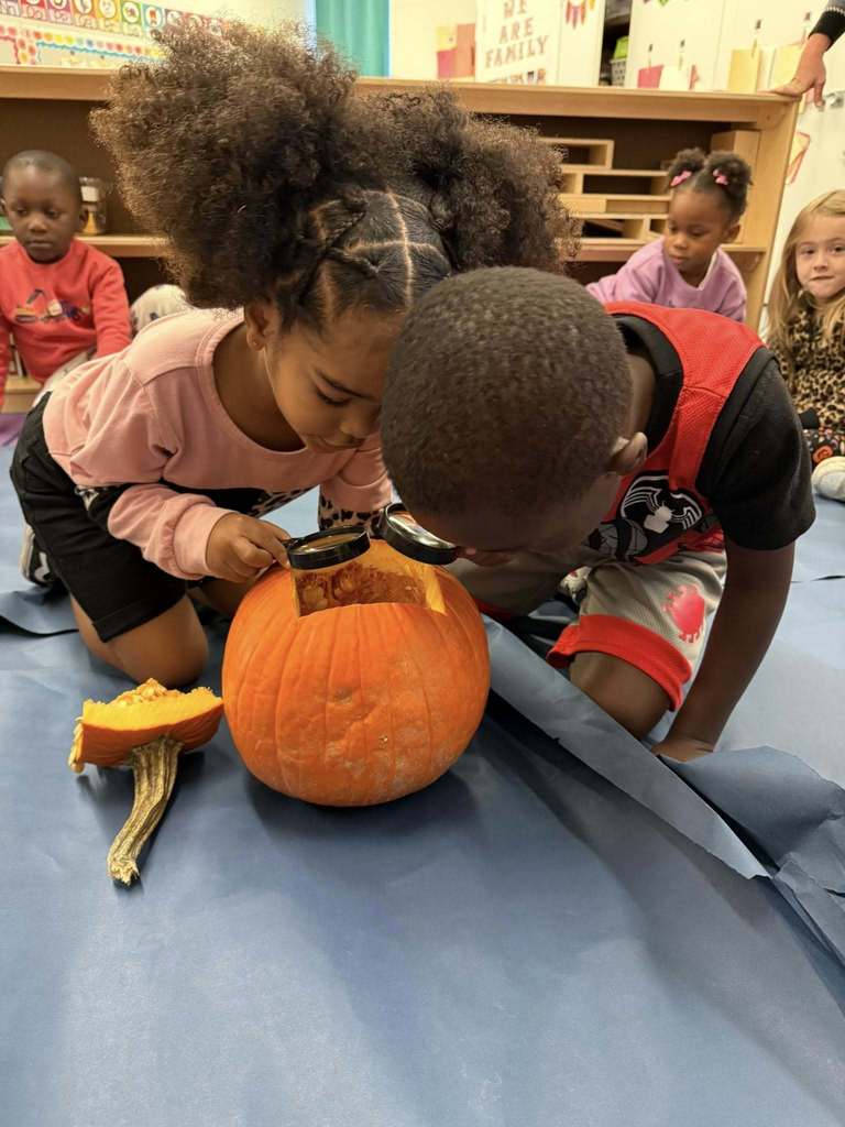 Students look at a pumpkin through a magnifying glass inside a classroom.