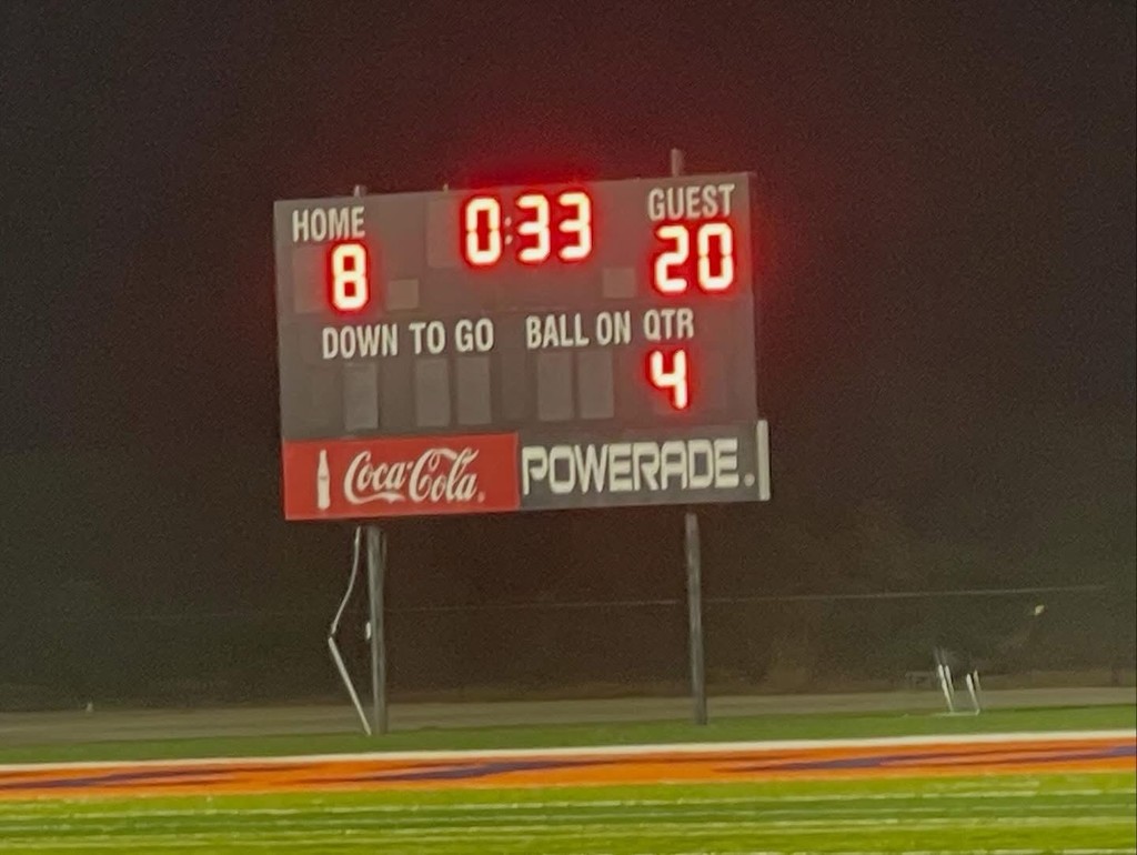 A football scoreboard says home: 8 guest: 20 quarter:4 with 33 seconds left on the clock.