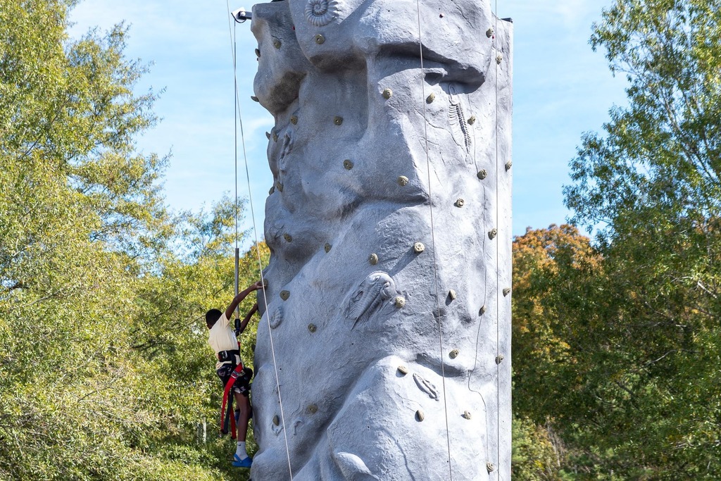 A child climbs up a rock wall.