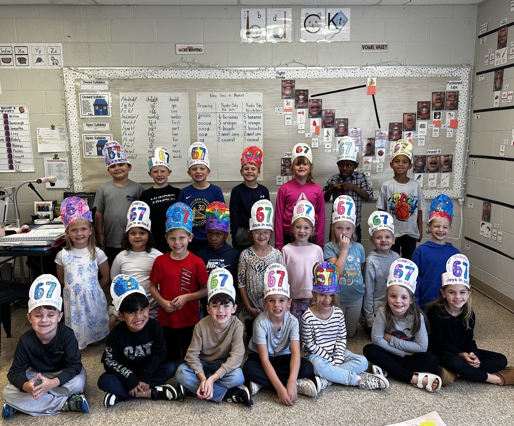 First graders wearing special hats for the 67th day of school