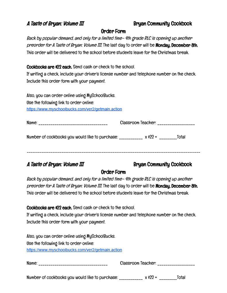 Flyer for A Taste of Bryan Cookbook resale