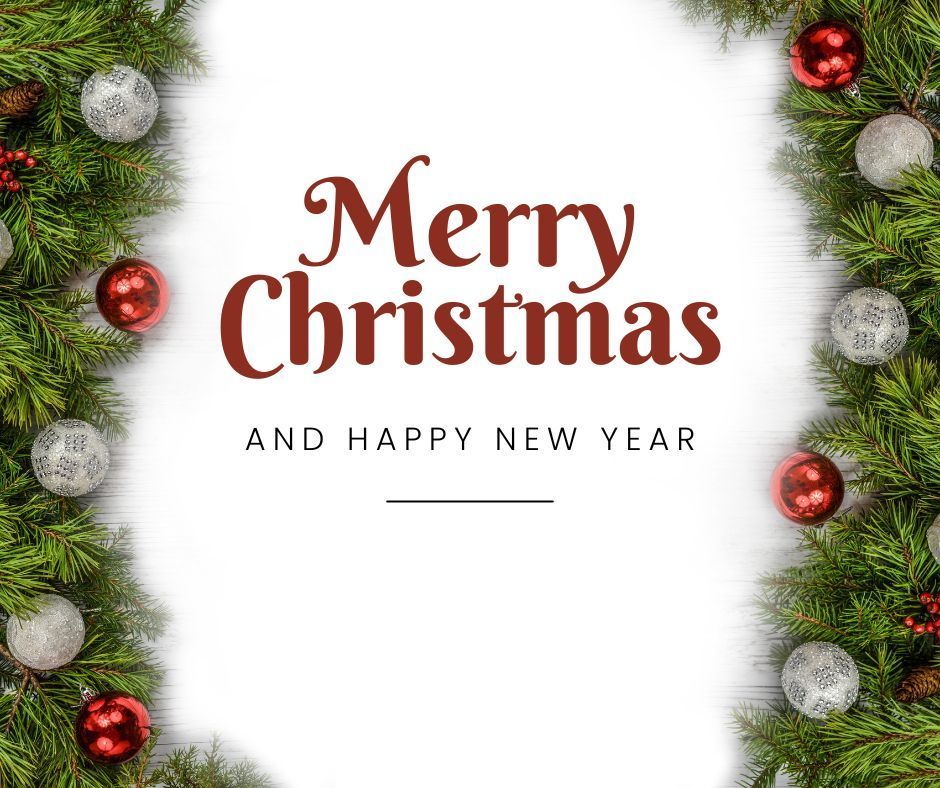 Merry Christmas flyer with a greenery and ornaments background