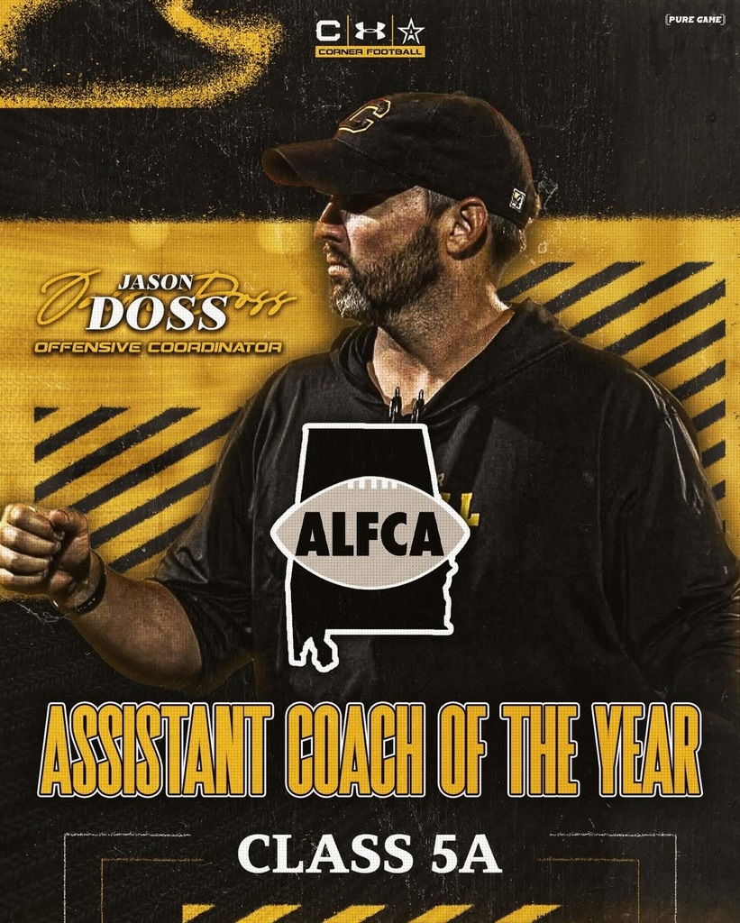 Image is a graphic with a photo of Corner football assistant coach, Jason Doss and text over a black and yellow background. The text says "Corner Football Jason Doss Offensive Coordinator Assistant Coach of the Year Class 5A" In the middle of the graphic is the ALFCA logo.