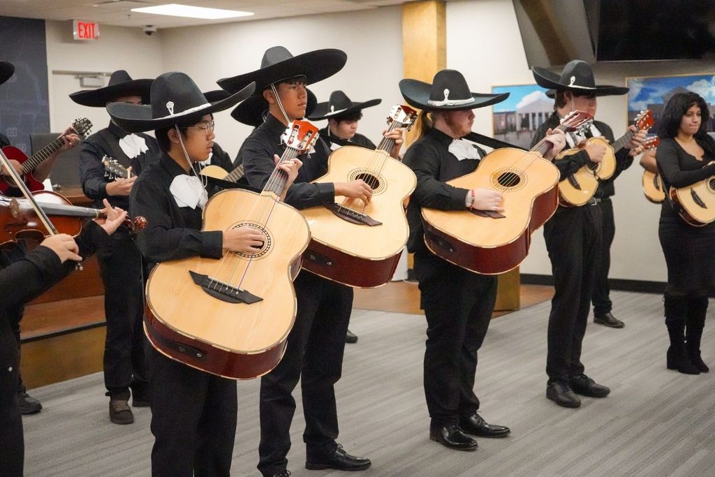 Pinson Valley High School Advanced Mariachi Band performs inside JEFCOED board room.