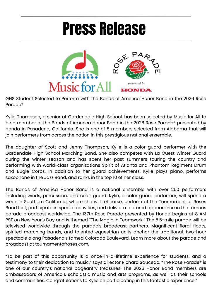 GHS  Selected to Perform with the Bands of America Honor Band in the 2026 Rose Parade®