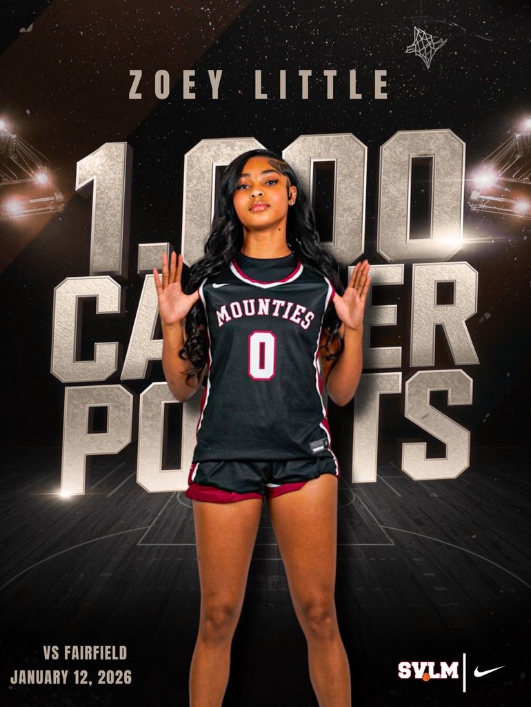 Image is a graphic with text and a photo of Shades Valley High School basketball player, Zoey Little wearing her basketball uniform. The text announces her reaching 1,000 career points during Shades Valley's game against Fairfield on January 12, 2026.