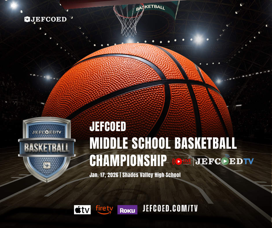Image is a graphic announcing JEFCOED TV's live coverage of the JEFCOED Middle School Basketball Championship on Jan. 17, 2026 at Shades Valley High School.