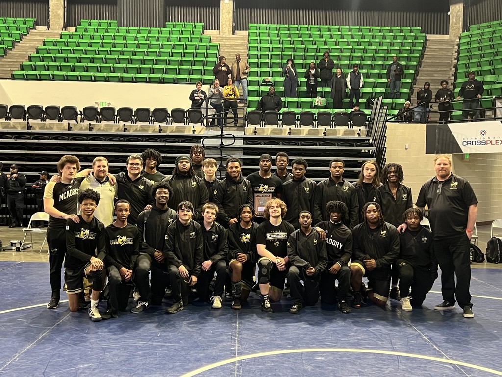 McAdory High School's wrestling team poses for a photo after coming in 3rd at the 2026 AHSAA Duals Wrestling championship.