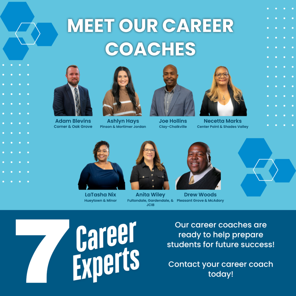 Image is a graphic that highlights JEFCOED's Career Coaches. The graphic has their photos,  names and the schools they serve. The coaches are Adam Blevins - Corner and Oak Grove, Ashlyn Hays - Pinson and Mortimer Jordan, Joe Hollins - Clay-Chalkville, Necetta Marks - Center Point and Shades Valley, LaTasha Nix- Hueytown and Minor, Anita Wiley - Fultondale, Gardendale, and JCIB, and Drew Woods - Pleasant Grove and McAdory.