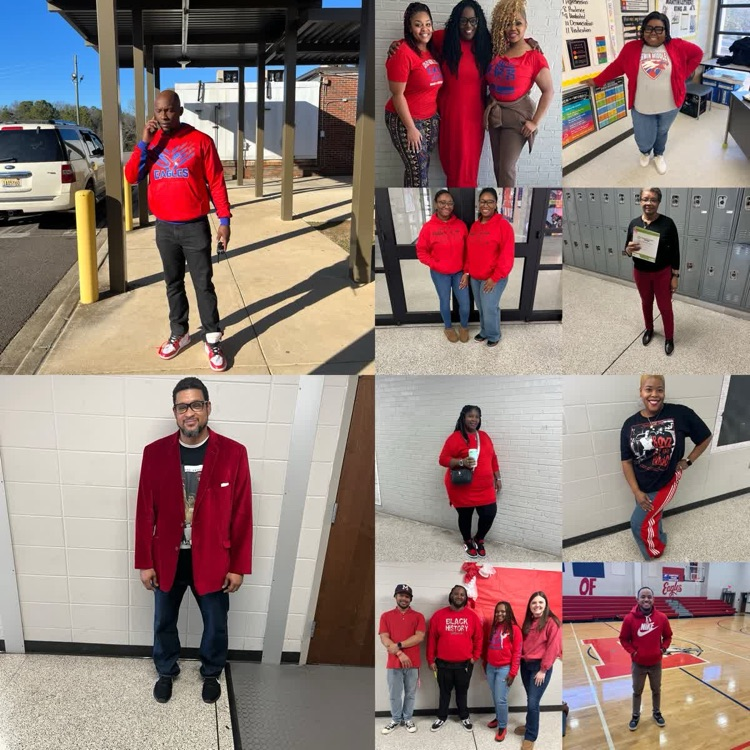 several Erwin Middle, school, teachers, and staff wearing red for women’s heart health day