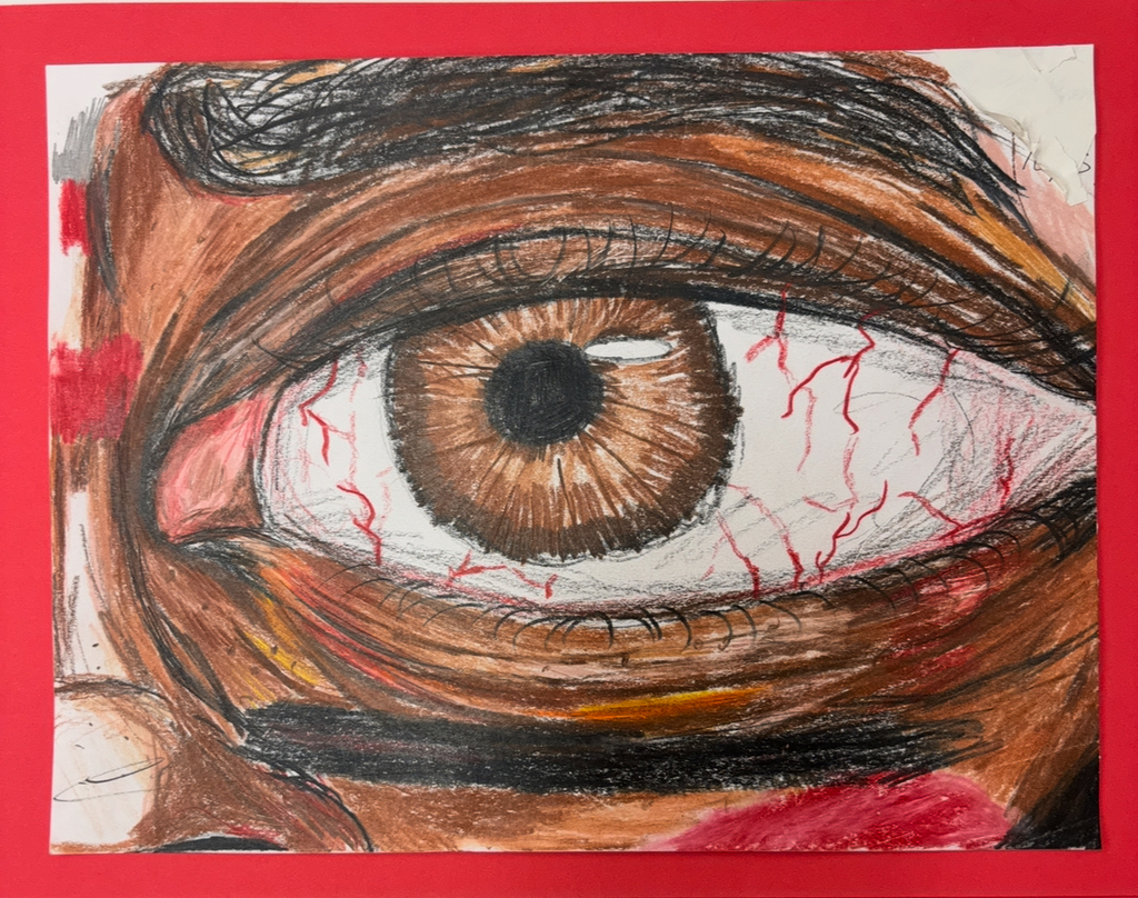 Hand-drawn photo of an eye with a red border around it.