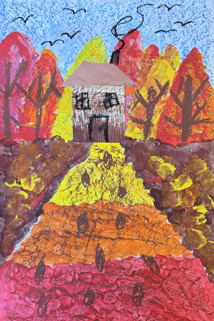 Hand-crafted image of a home surrounded by red, orange and yellow trees. The image was made using paint and oil pastels.