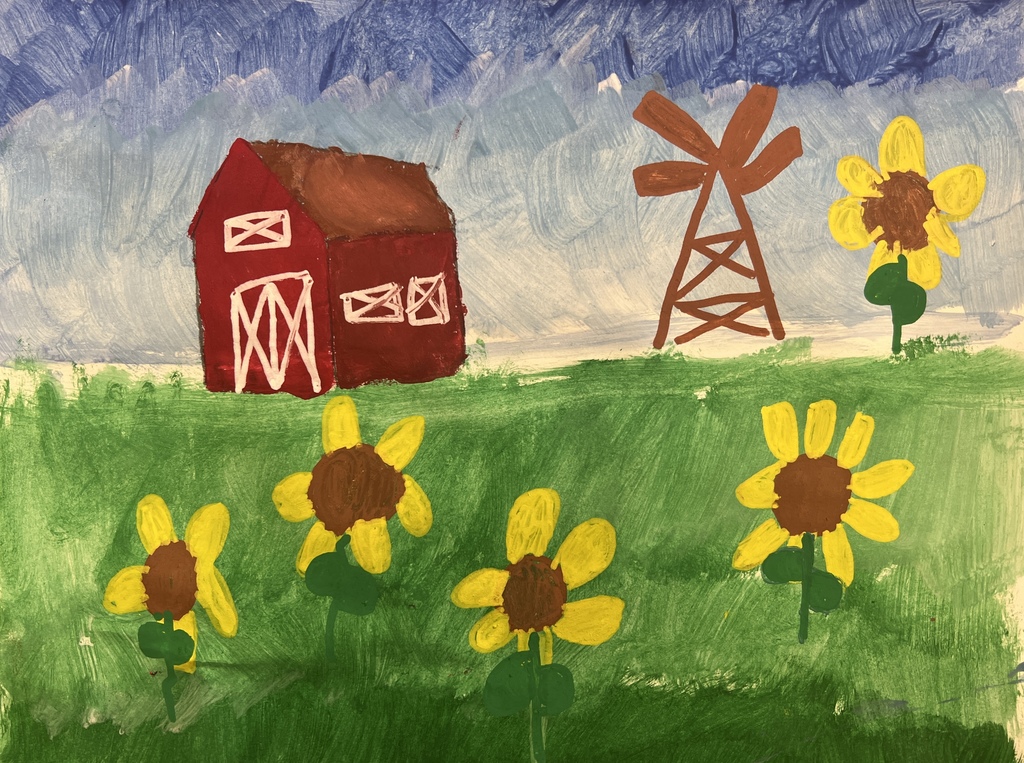 Hand-made image of a barn and sunflower farm made using Tempera. Behind the barn is a blue sky.