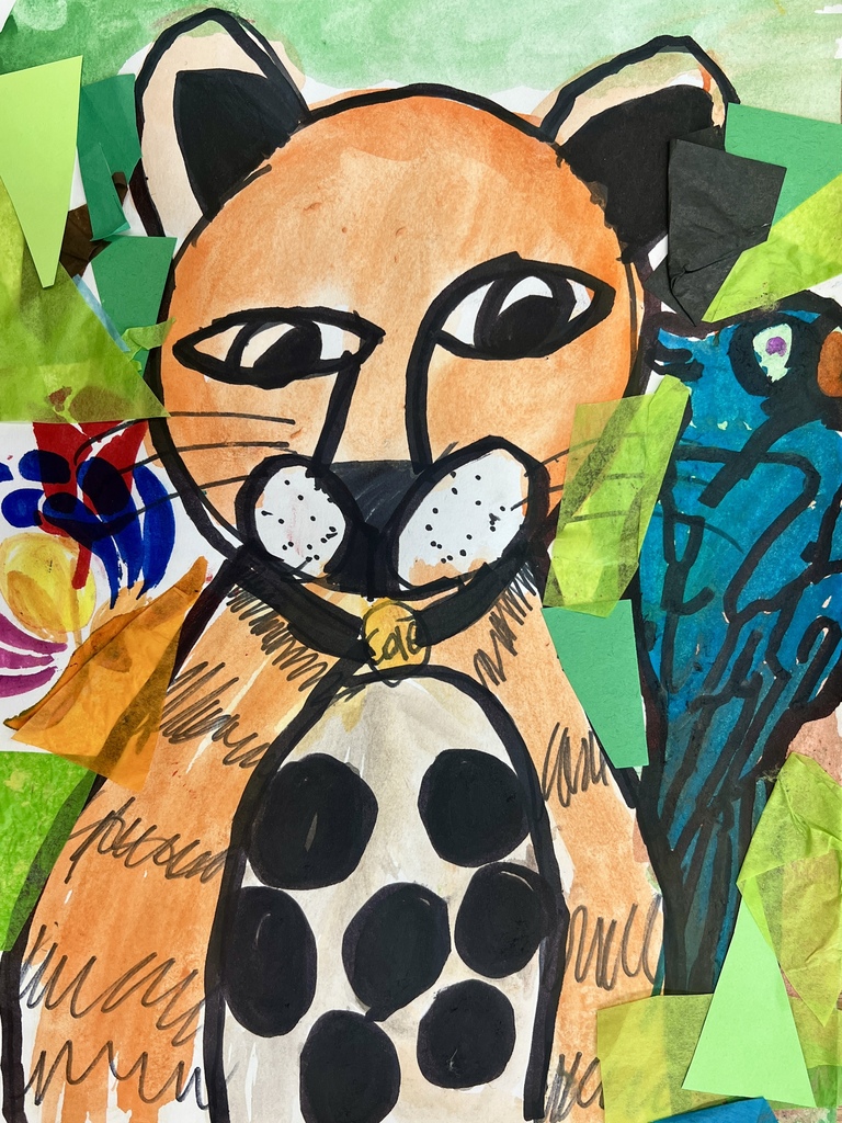 Hand-made image of a tiger made using marker. Behind the tiger is a jungle background made from paper and marker.