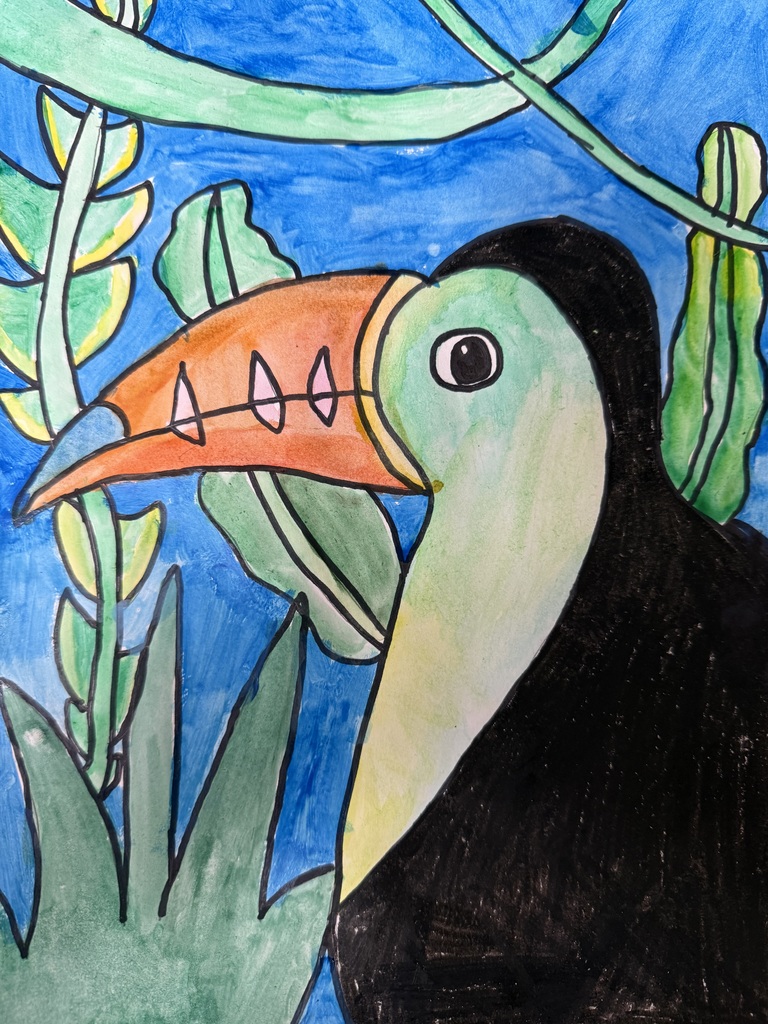 Hand-drawn image of a toucan made using watercolor and pastels.