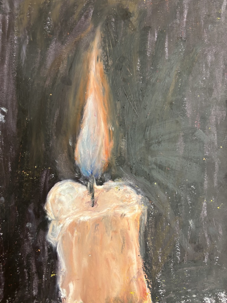 Drawing of a candle in front of a black backdrop made using oil pastels.