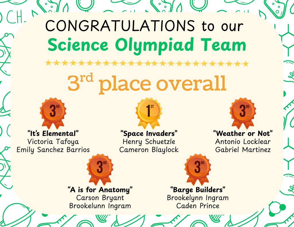 Science Olympiad won 3rd place in the county! Congratulations!