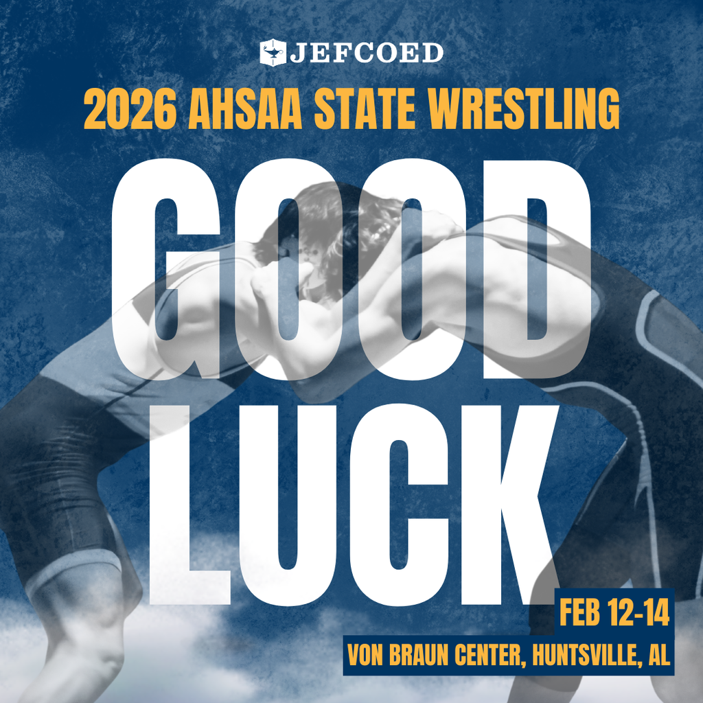 Good Luck graphic for students participating in the 2026 AHSAA State Wrestling Championships, Feb 12-14 at the Von Braun Center, Huntsville, AL