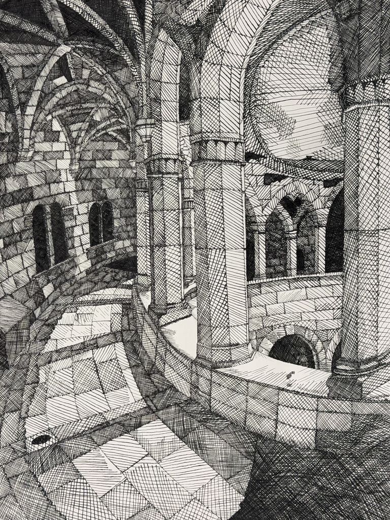 Drawing of the interior of a castle-like building created using India Ink and quill and nib. 