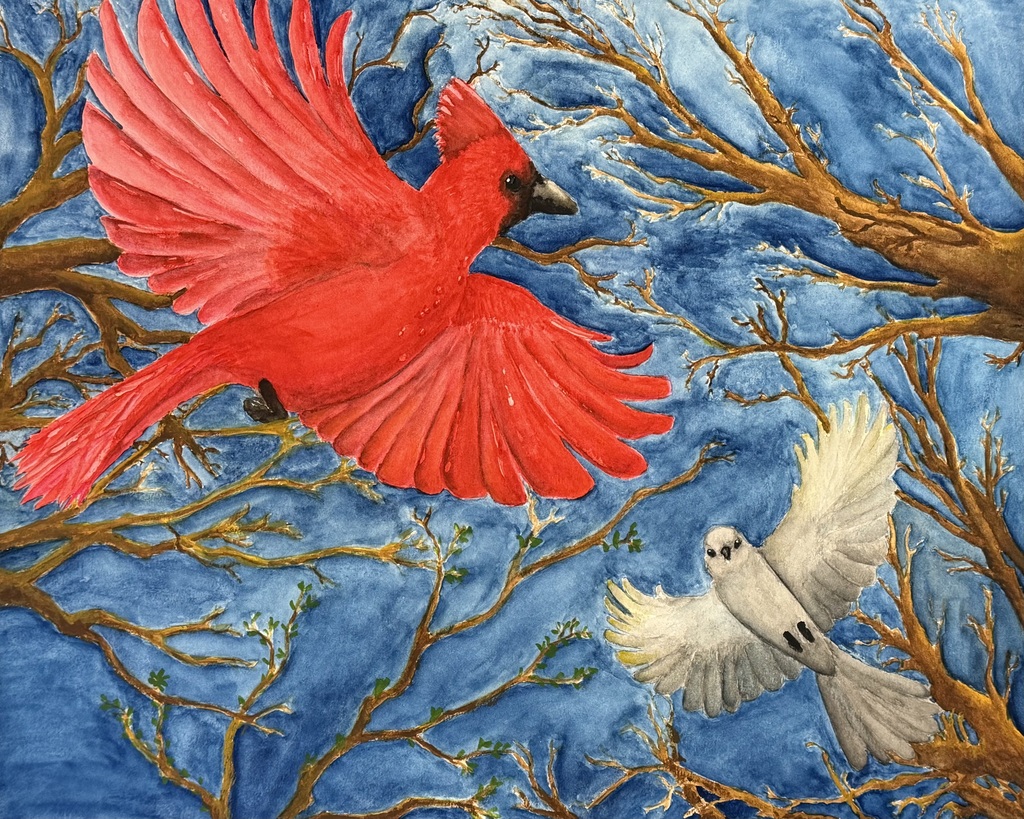 Image is of a painting made using watercolor. The painting shows a red bird and a white bird flying in front of trees and a blue sky.