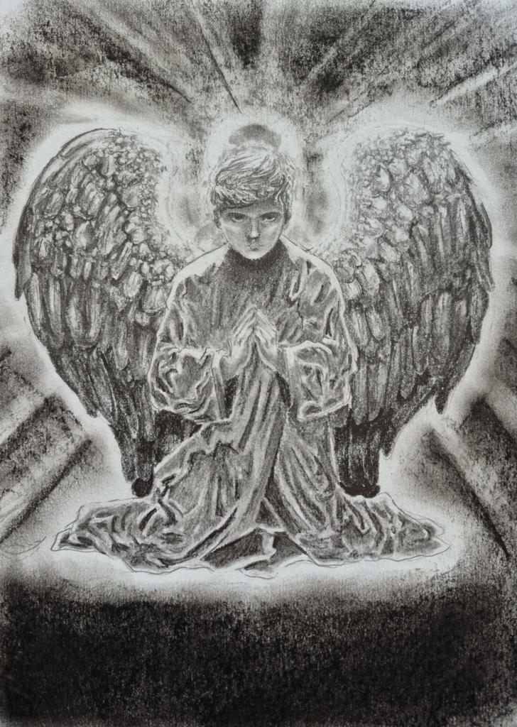 Image is of a hand-drawn angel made using Charcoal and Graphite on paper.