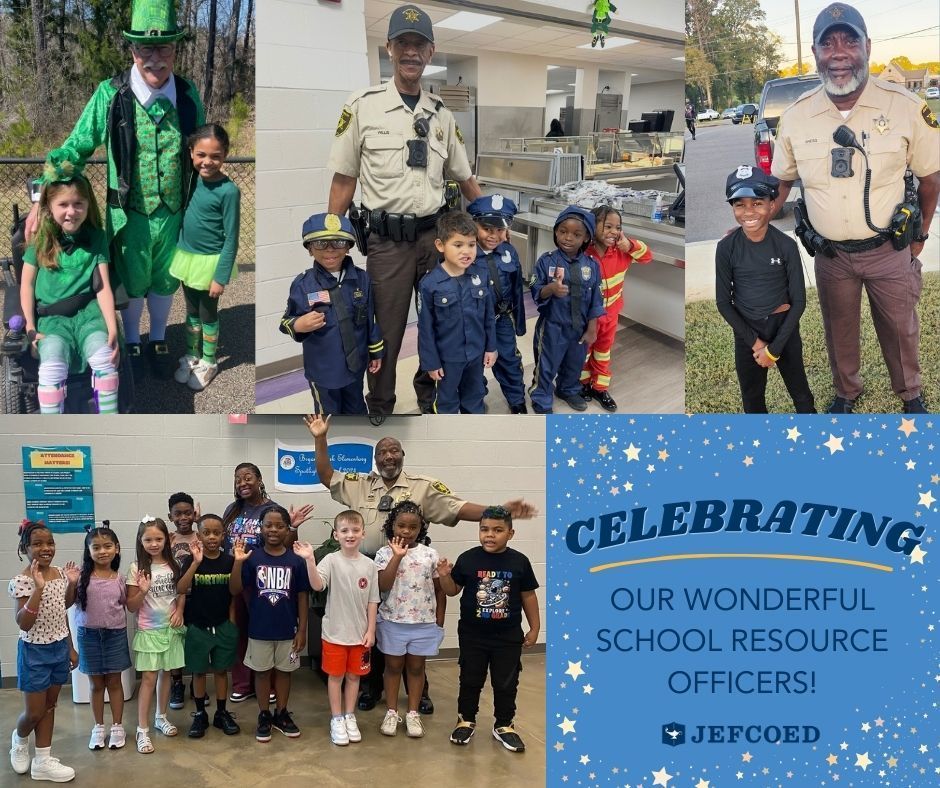 Image is a collage of photos showing JEFCOED SROs posing with students to celebrate National SRO Appreciation Day. Text on the graphic says "Celebrating Our Wonderful School Resource Officers." Below this text is the JEFCOED logo.