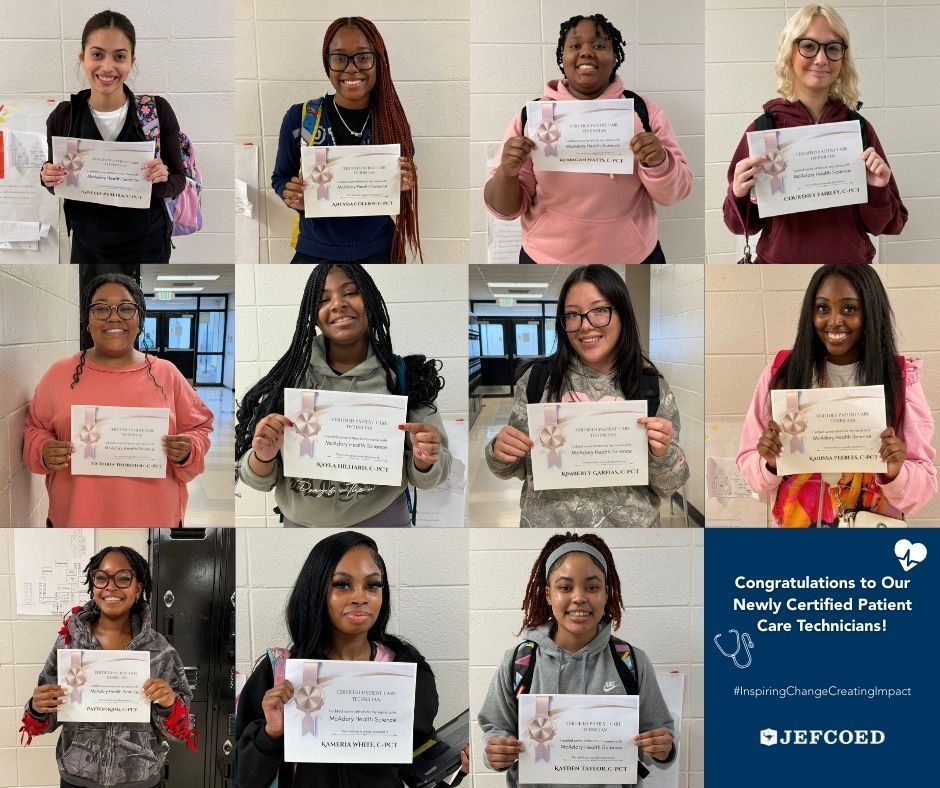 Image is a graphic with photos of McAdory Health Science's latest students to become Certified Patient Care Technicians. They hold up certificates with their names while standing in a school hallway.