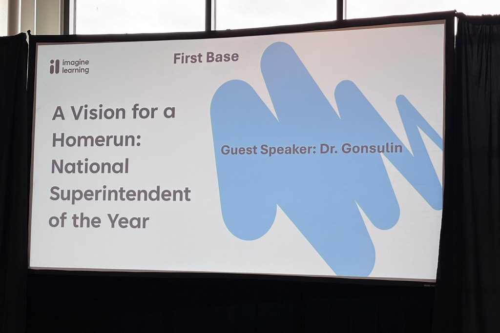 Image of a powerpoint slide. The slide reads, "A Vision for a Homerun: National Superintendent of the Year." Guest Speaker, Dr. Gonsoulin.