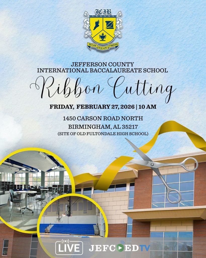Image is a graphic announcing that JEFCOED TV will broadcast the ribbon cutting for the new JCIB building. The broadcast will begin at 10 a.m. on Thursday, February 26, 2026.