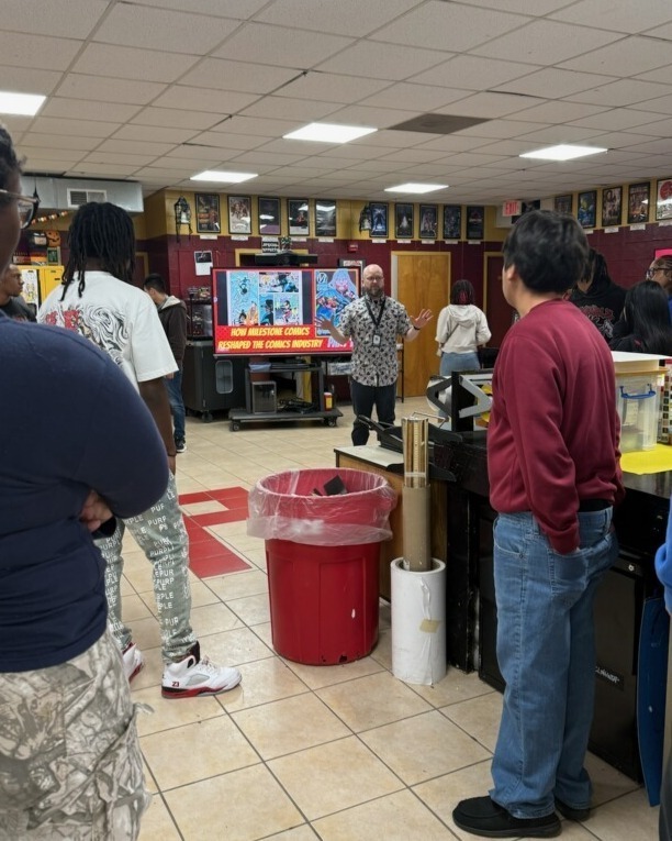 A Special Effects/Art class is listening to a presentation.