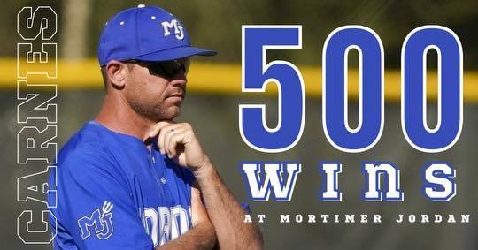Image is of Mortimer Jordan's Baseball coach in his uniform on a baseball field. Text added to the image congratulates him on his 500th career win.