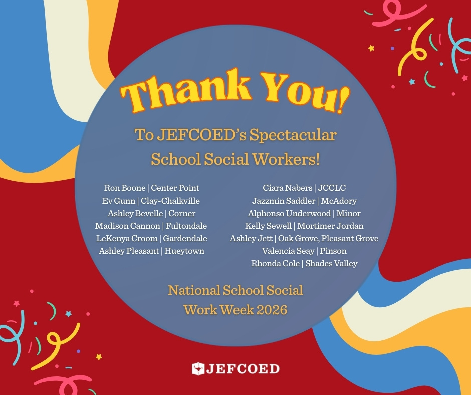 Image is a graphic thanking JEFCOED's school social workers. The graphic lists each social worker's name and the school feeder pattern they work for.