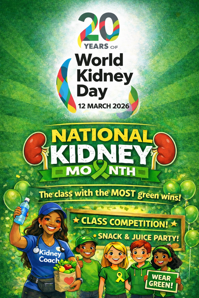 This is a mostly green photo with smiling kids near the bottom and a taller woman with a blue shirt that says kidney coach. The poster says : 20 YEARS OF World Kidney Day 12 MARCH 2026 NATIONAL KIDNEY MON NTH The class with the MOST green wins! CLASS COMPETITION! SNACK & JUICE PARTY! Kidney Coach WEAR GREEN!