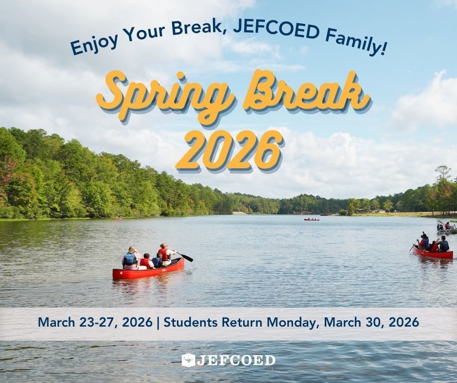 Graphic is a reminder of JEFCOED's Spring Break. It is scheduled for March 23-27, 2026. Students return on Monday, March 30, 2026.
